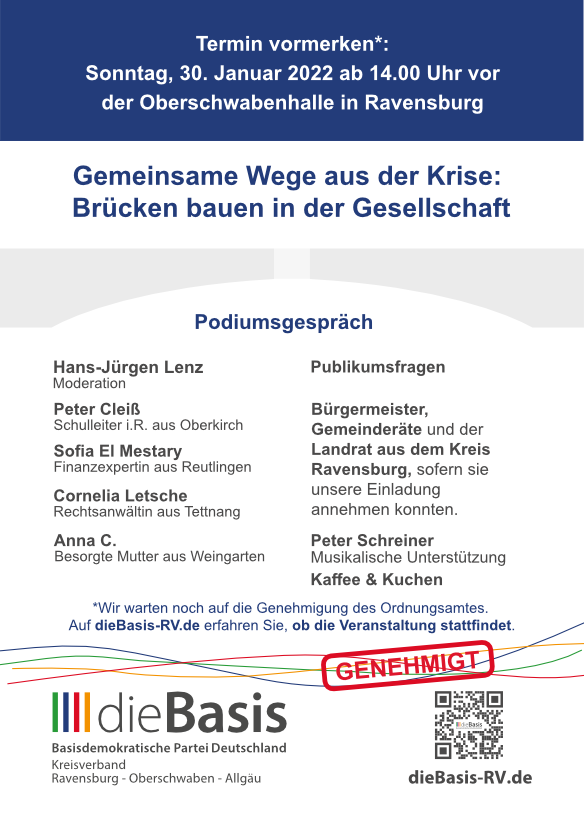Genehmigte Veranstaltung: 30.01.2022 ab 14 Uhr vor der Oberschwabenhalle in Ravensburg — Podiumsgespräch