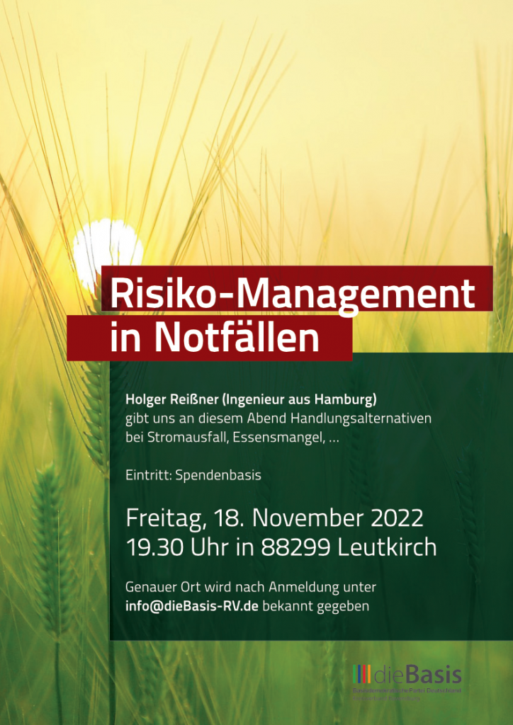 Freitag 18. November 2022 um 19:30 Uhr Vortrag: Risiko-Management in Notfällen